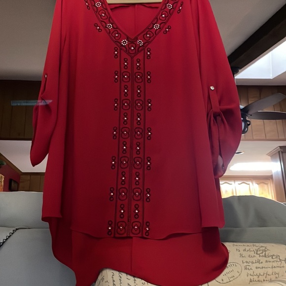 Cato Red & Black 3/4 Length Sleeve High-low Sheer Tunic Blouse Size 2X - Picture 4 of 8